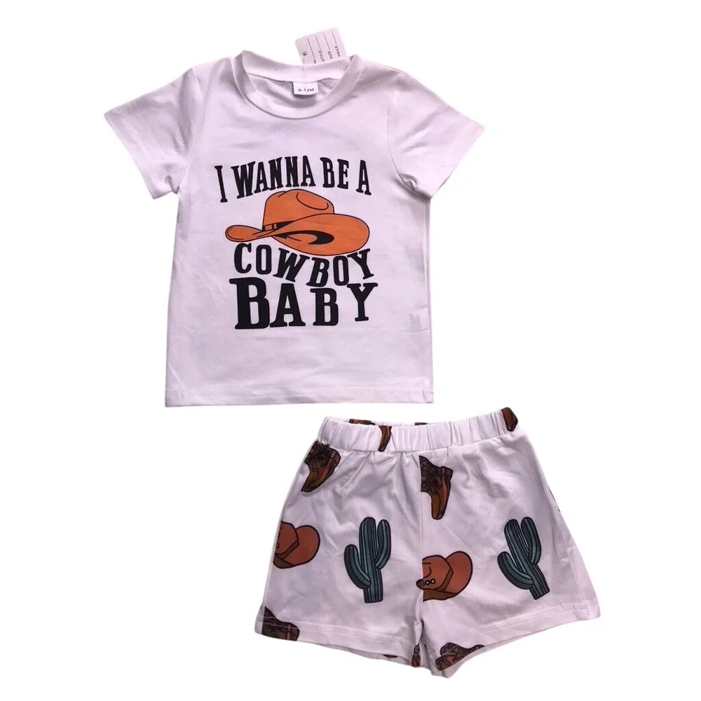 Boutique Shorts Set Kids 9-12M White Cowboy Graphic Western Outfit